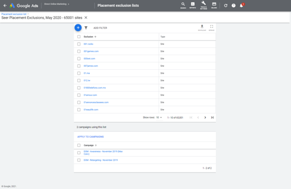 screenshot of google ad exclusions